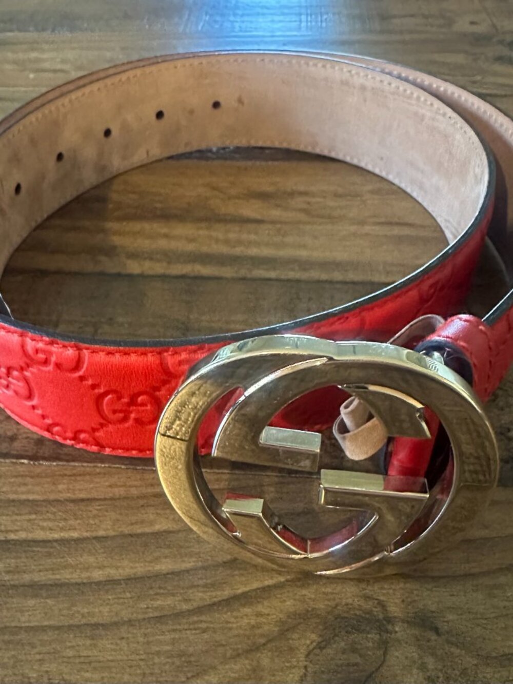 Gucci Red Guccissima GG Belt Gold Interlocking Buckle Leather
